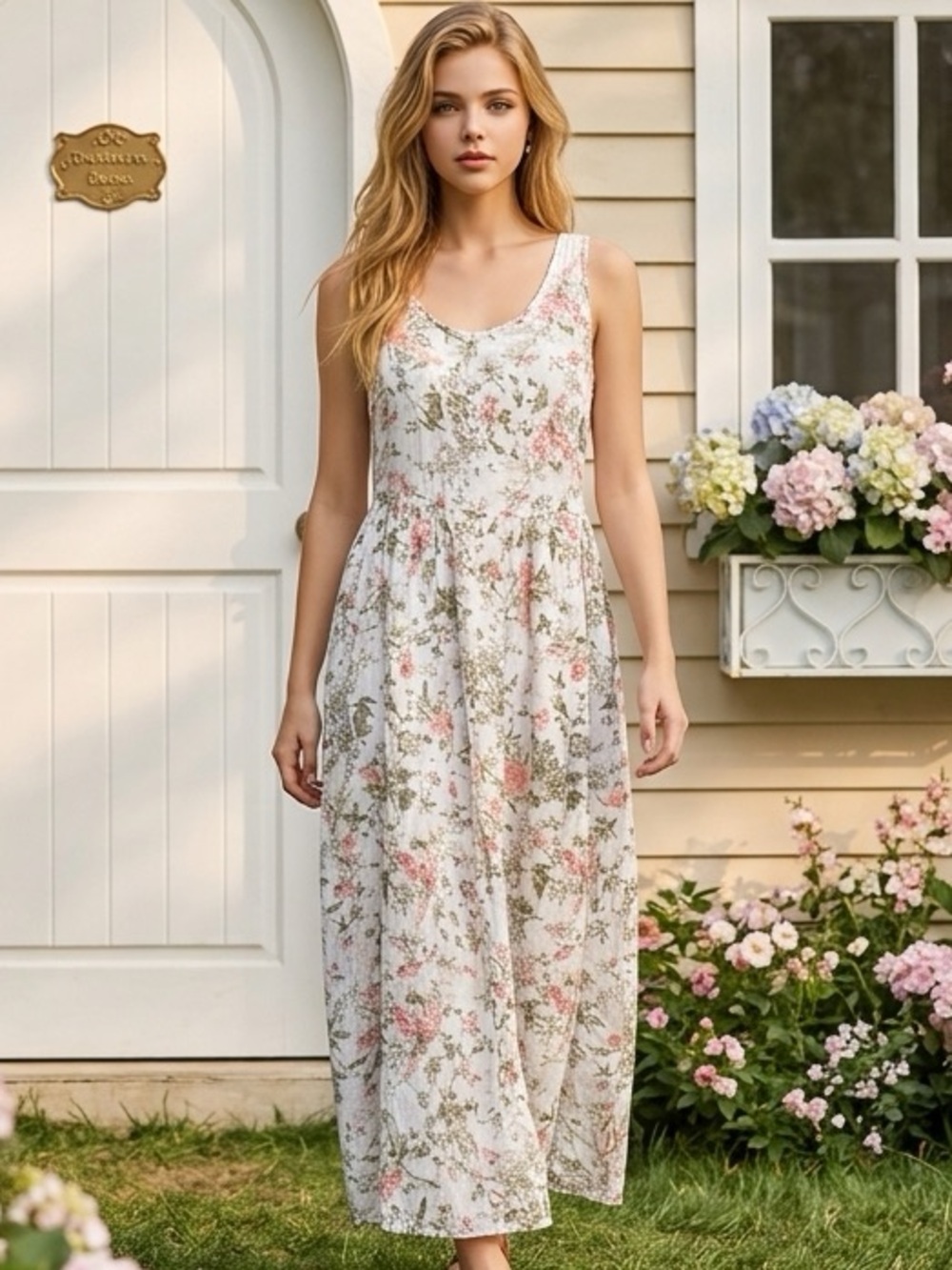 Frye sleeveless floral white button down flowy midi dress sz Sm